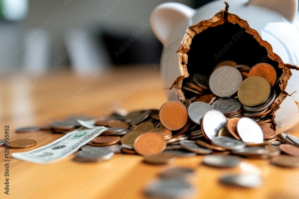 A broken piggy bank spilling coins and a dollar bill onto a table, effectively portraying financial challenges and the importance of saving. A broken piggy bank spilling coins and a dollar bill onto a table, effectively portraying financial challenges and the importance of saving.
