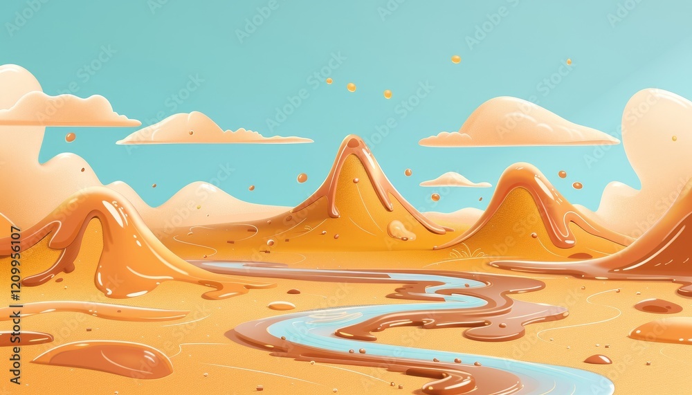 A surreal landscape of honey-colored hills and a blue river with floating white clouds in a clear blue sky.