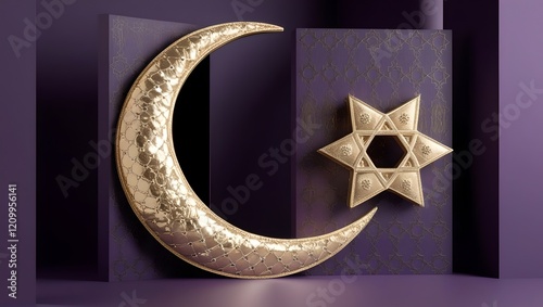 Elegant Eid Al-Fitr design featuring a gold crescent moon and star with geometric patterns on a dark purple background. Minimalist, sharp, and ideal for refined festive visuals. photo