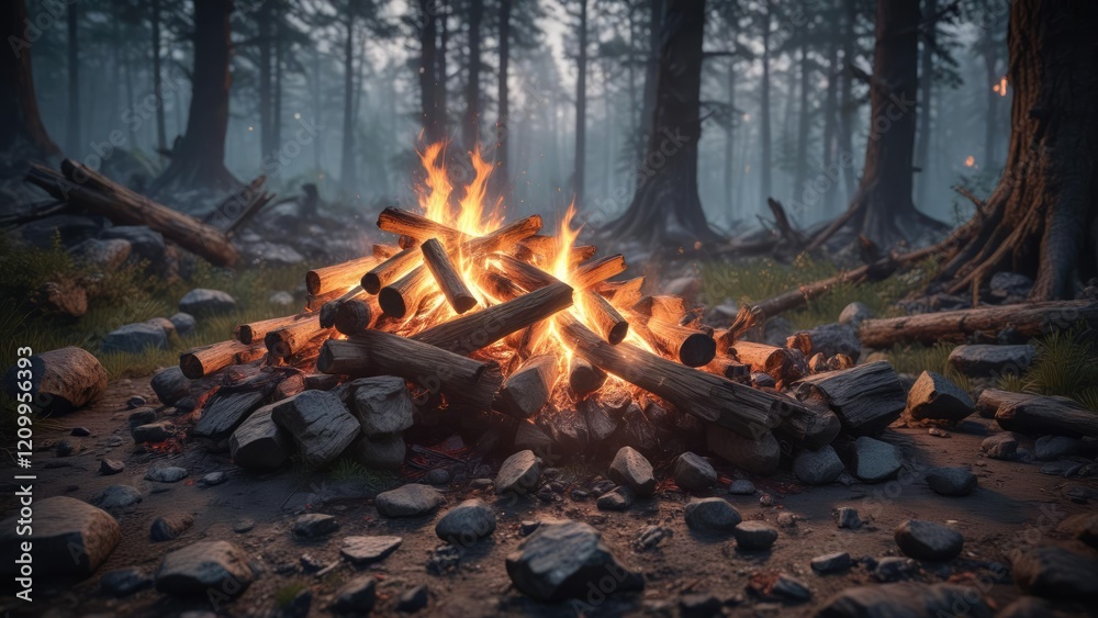 A crackling campfire in the depths of a dense forest, darkness, fire A crackling campfire in the depths of a dense forest, darkness, fire