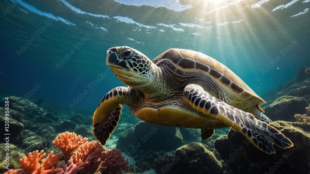 Obraz premium A graceful sea turtle swimming through vibrant coral reefs in clear ocean waters.