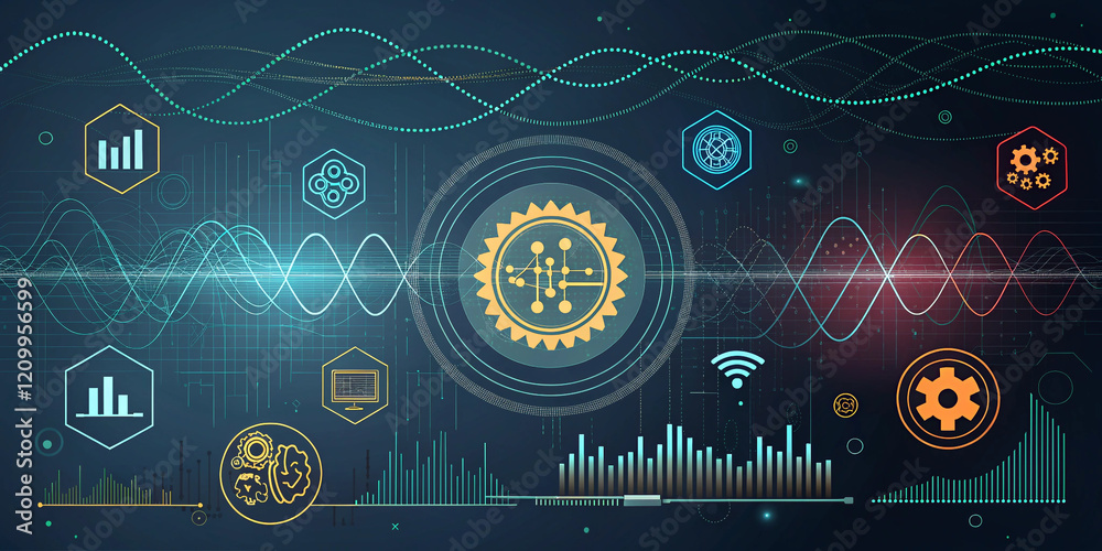 Obraz premium Tech Background Featuring AI, Data, and Audio Graphics