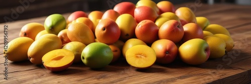 Wallpaper Mural A colorful pile of juicy mangoes on a wooden table, table, organics Torontodigital.ca