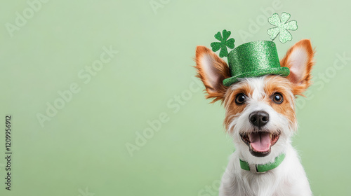 A dog wearing a green shamrock hat and a green collar photo