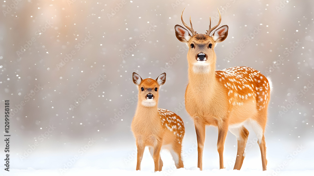 Obraz premium Hirsch und Wildtiere im Gehege im Winter