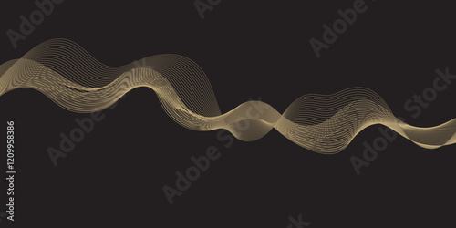 Modern multicolor wave of light is displayed on black background, Abstract wavy lines and neon glow on a black background, soundwave on a dark reflective surface.
