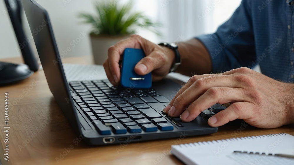 Person using a laptop and portable device for work at a desk with plants and stationery in the afternoon Person using a laptop and portable device for work at a desk with plants and stationery in the afternoon