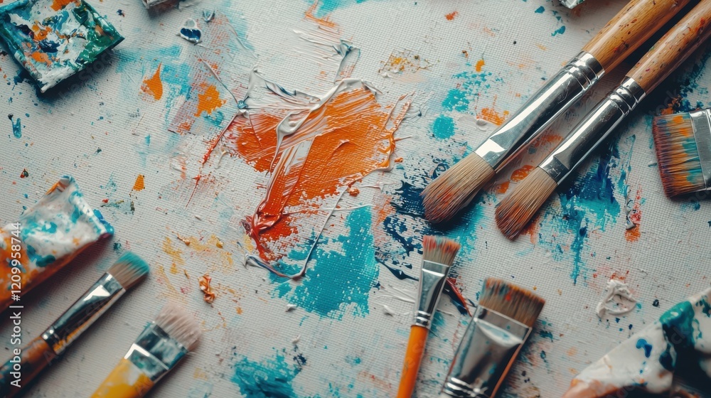Fototapeta premium Vibrant Art Studio with Colorful Paint Brushes and Splattered Palette