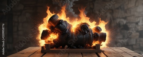 A burst of black smoke and flame erupts from a barrel of gunpowder on a wooden planking , barrel, explosion