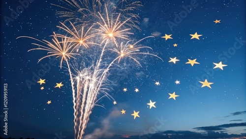A bunch of fireworks shooting upwards in the sky above a dark blue background filled with bright, glowing stars and constellations, display, magic