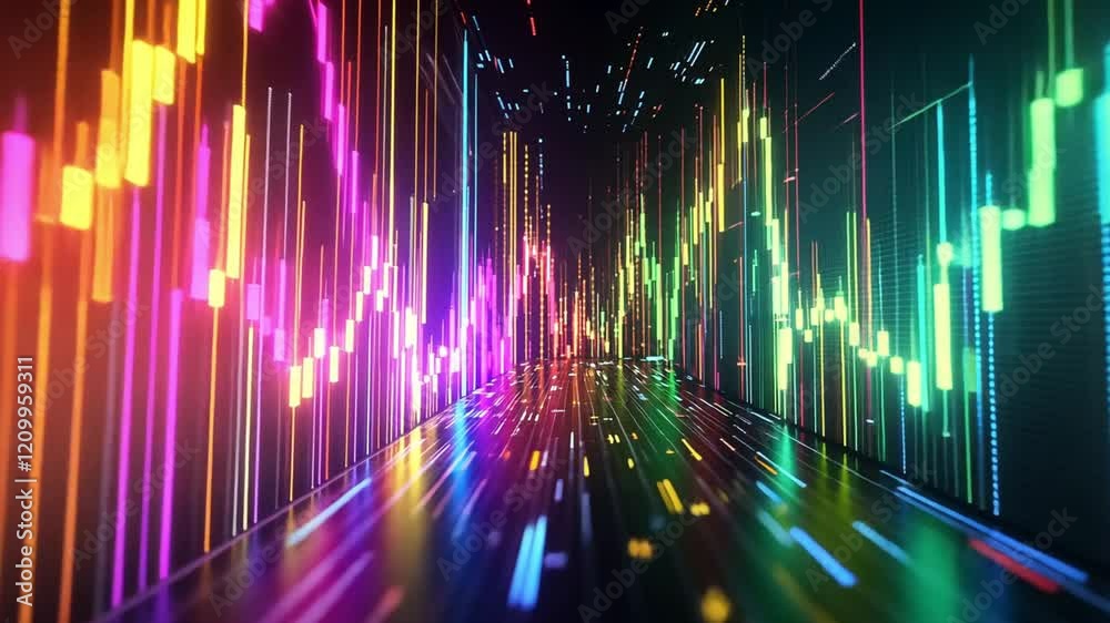 Digital sound wave visualization in a futuristic corridor with colorful lights reflecting Digital sound wave visualization in a futuristic corridor with colorful lights reflecting