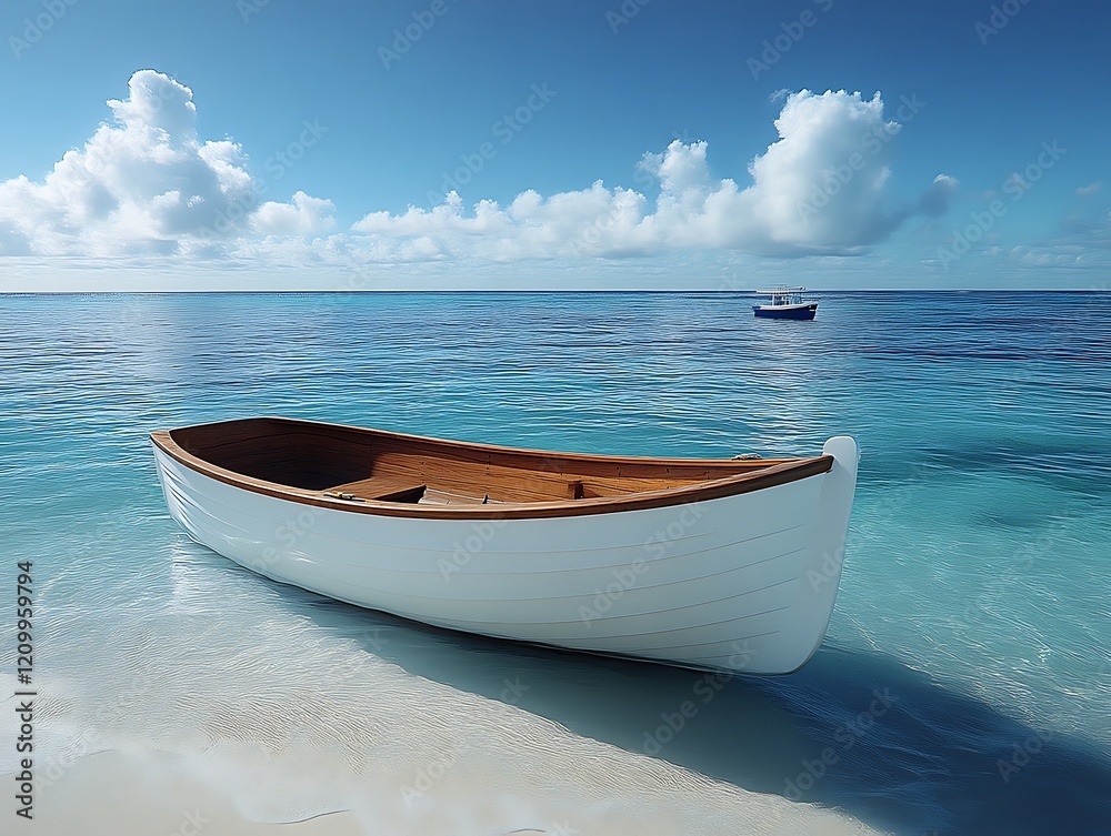 White rowboat on tranquil ocean beach. White rowboat on tranquil ocean beach.