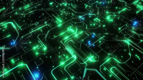 Vibrant Green and Blue Abstract Fractal Patterns with Glowing Dynamic Circuits