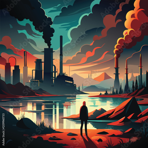 A lone figure confronts a polluted industrial landscape.