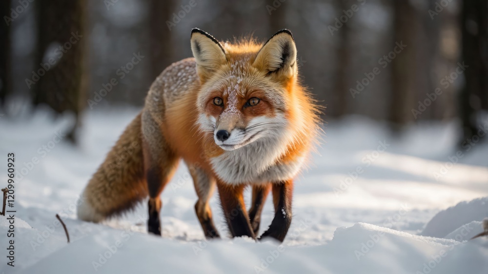 Obraz premium A red fox walking through a snowy landscape in a forest.