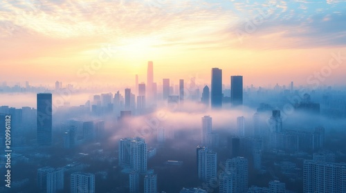 Misty sunrise cityscape, aerial view, fog, urban photo