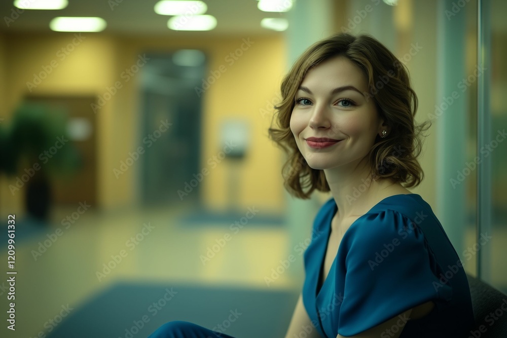 Obraz premium Woman smiling in an office, looking at the interviewer.