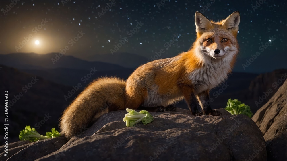 Fototapeta premium A fox stands on a rock under a starry sky, surrounded by greenery.