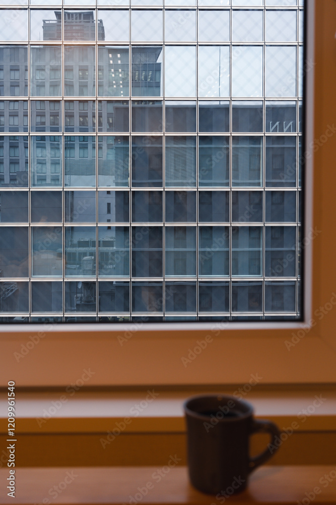 Mug cup and window view of urban city buildings