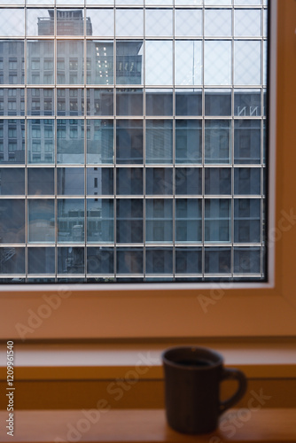 Obraz na płótnie Mug cup and window view of urban city buildings w salonie