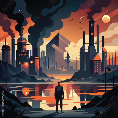 A lone figure confronts a polluted industrial landscape.