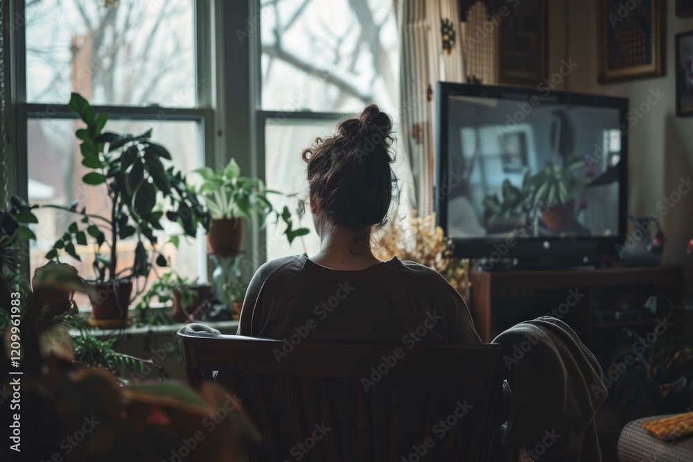Young woman relaxing at home, watching television in a cozy living room filled with houseplants Young woman relaxing at home, watching television in a cozy living room filled with houseplants