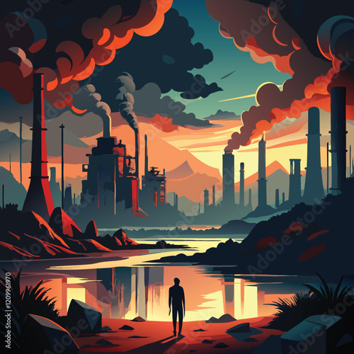 A lone figure confronts a polluted industrial landscape.