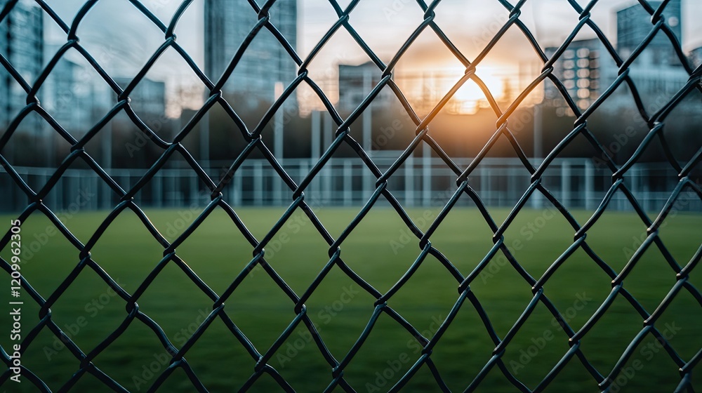 Black chain-link fence stands prominently with lush green grass in the foreground and a school building visible in the background Black chain-link fence stands prominently with lush green grass in the foreground and a school building visible in the background