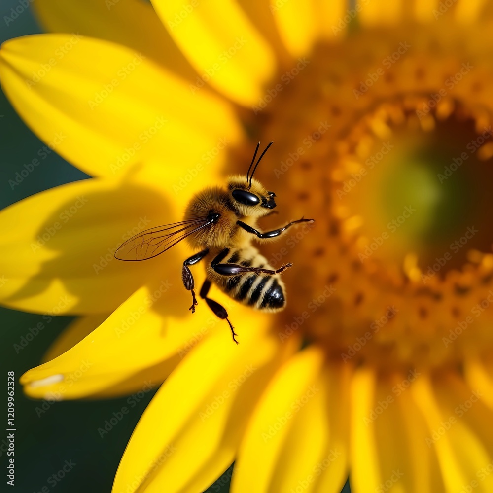 A bee perches on a bright yellow sunflower. The bee is clearly visible with transparent wings and a black-yellow hairy body. A bee perches on a bright yellow sunflower. The bee is clearly visible with transparent wings and a black-yellow hairy body.