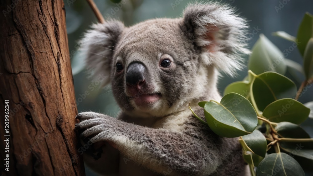 Fototapeta premium A close-up of a koala perched on a tree branch surrounded by leaves.