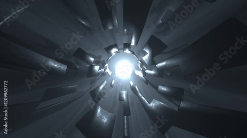 Abstract background with animation of fast moving in tunnel from steel plates. Magical glowing cold ball, reflections on steel surfaces Animation of seamless loop.