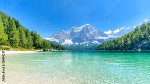 Lake Federa in the Dolomites mountains, Italy photo