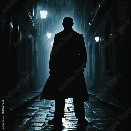 Mysterious Silhouette in a Rainy Alleyway - Spy Vector Illustration