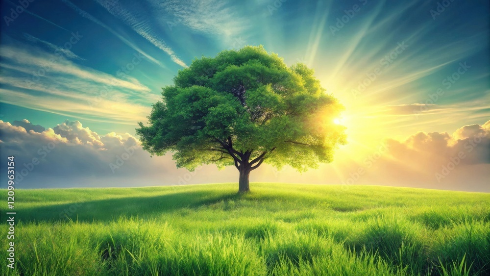 Fototapeta premium Serene landscape featuring a solitary tree bathed in the golden rays of a vibrant sunset over a lush green field