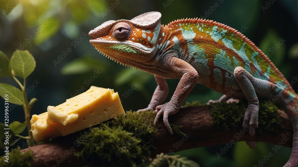 Fototapeta premium A colorful chameleon perched on a branch near a piece of cheese.