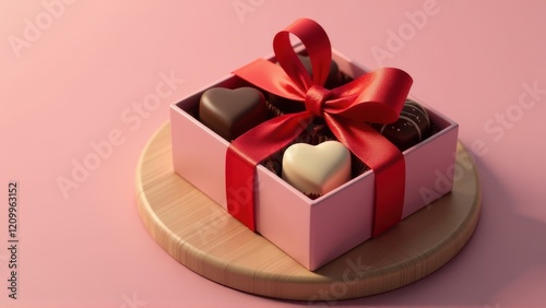 Pink Box of Heart-Shaped Chocolates with Red Ribbon