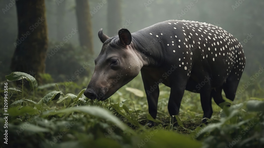 A tapir stands in a misty forest, surrounded by lush greenery and soft light.