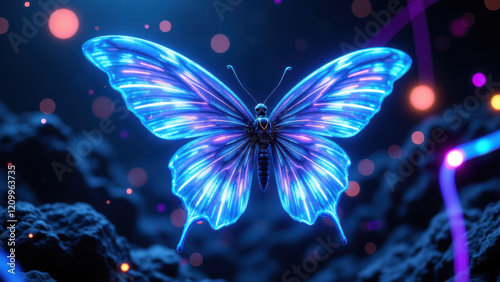 A stylized, futuristic depiction of an AI with butterfly motifs set against a cosmic background, reflecting technology and innovation. photo