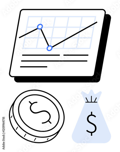 Graph with upward trend line, coin with dollar sign, and money bag. Ideal for financial planning, investment strategies, economic growth, business success, profit increase budgeting. Line metaphor