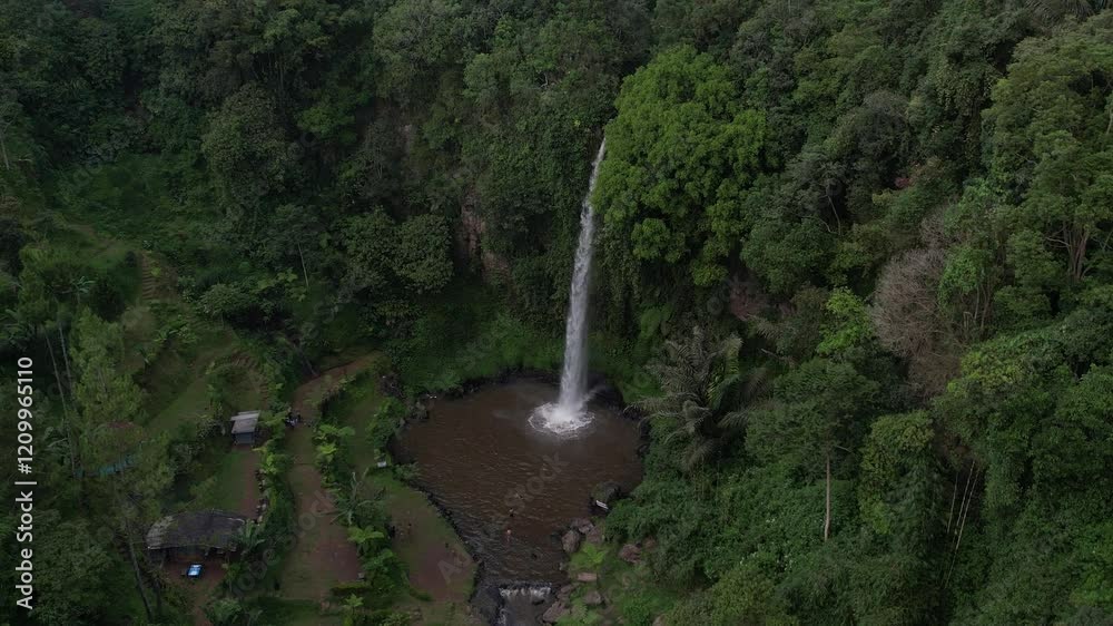 Aerial view Bubrug waterfall Bandung, Indonesia Aerial view Bubrug waterfall Bandung, Indonesia