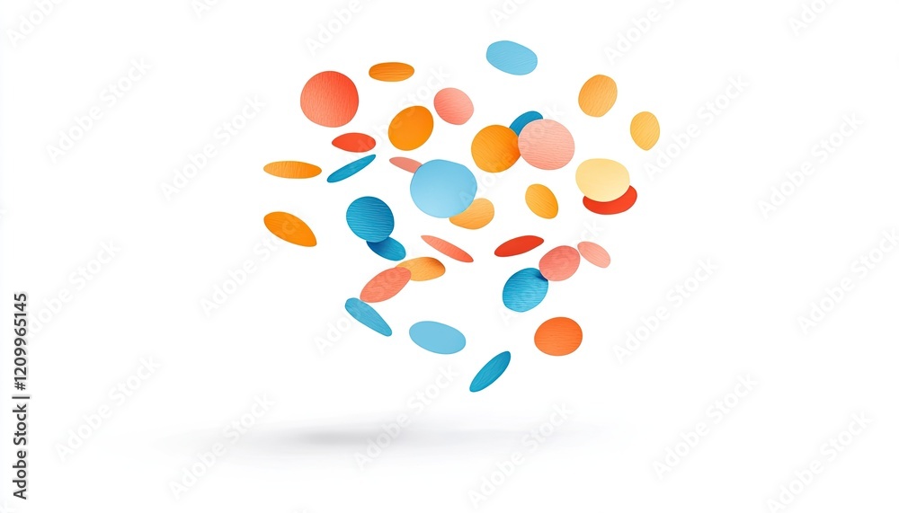 Colorful abstract circles floating in mid-air, creating a playful atmosphere against a white backdrop Colorful abstract circles floating in mid-air, creating a playful atmosphere against a white backdrop