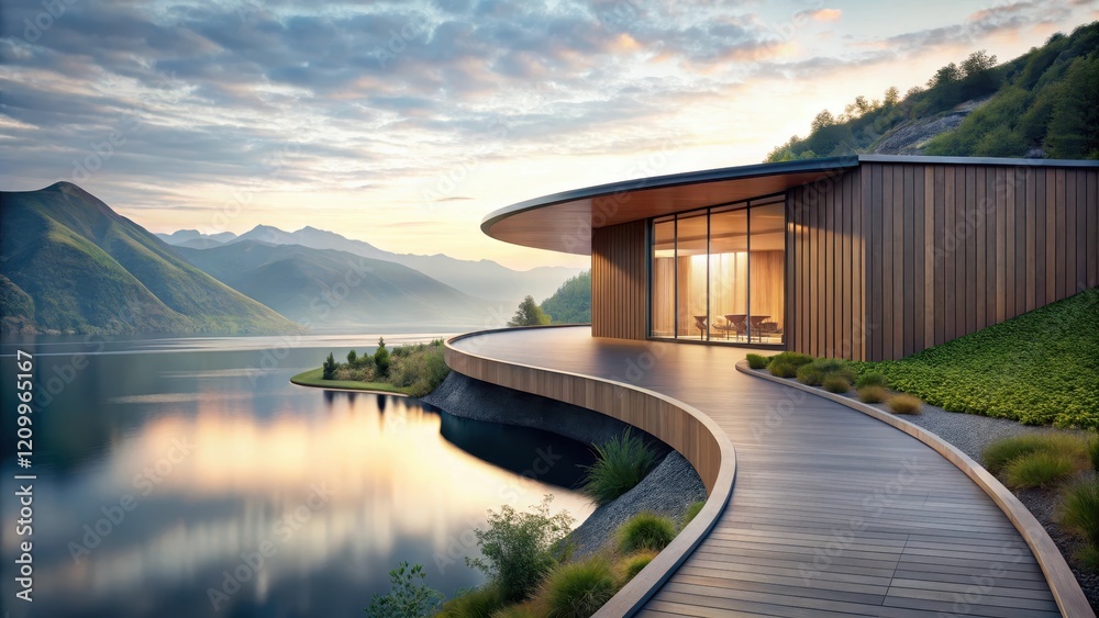 Obraz premium Serene Lakeside Residence with Curving Deck and Panoramic Mountain Views at Sunset