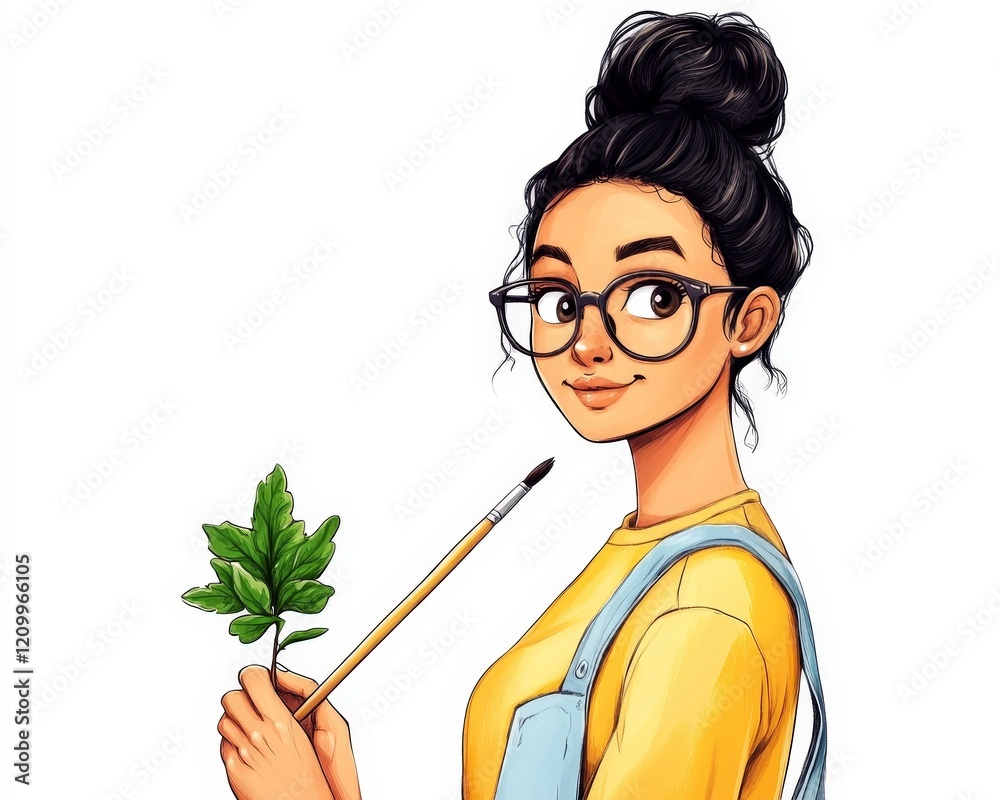 Happy Woman with Leaf and Paintbrush in Artistic Environment Happy Woman with Leaf and Paintbrush in Artistic Environment