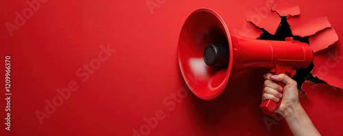 Hand holding red megaphone breaking through red background photo