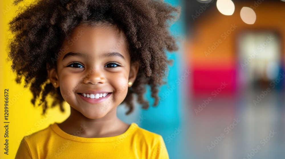 A cheerful girl smiles brightly while having fun at a trampoline park filled with vibrant colors, reflecting joy and excitement A cheerful girl smiles brightly while having fun at a trampoline park filled with vibrant colors, reflecting joy and excitement