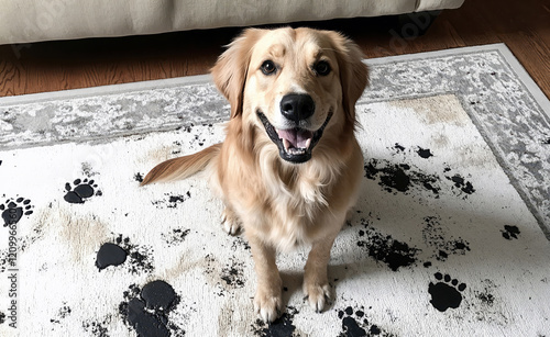 Golden retriever sitting on muddy rug with paw prints photo