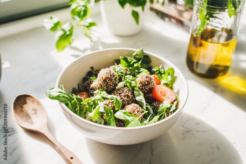 Quinoa balls with fresh herbs and a touch of sunlight in a rustic kitchen