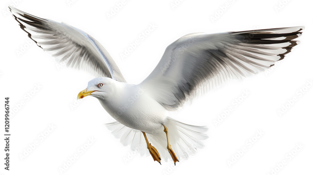 Obraz premium a seagull in mid-flight. showcasing its wings spread wide and feathers detailed against a white background the bird's sharp gaze and distinctive beak highlight its natural beauty. emphasizing its role