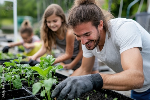 Gardeners of all ages joyfully work together in a lush green garden, planting seedlings and nurturing the earth, emphasizing community involvement and sustainable living. photo