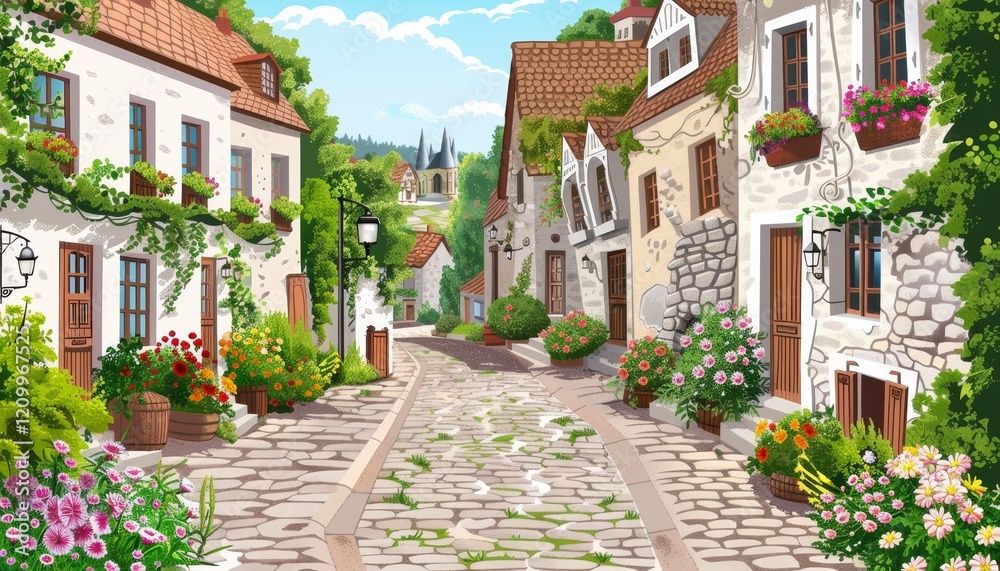 Fototapeta premium A cobblestone street winds through a picturesque European village, lined with charming stone houses adorned with lush greenery and colorful flowers.